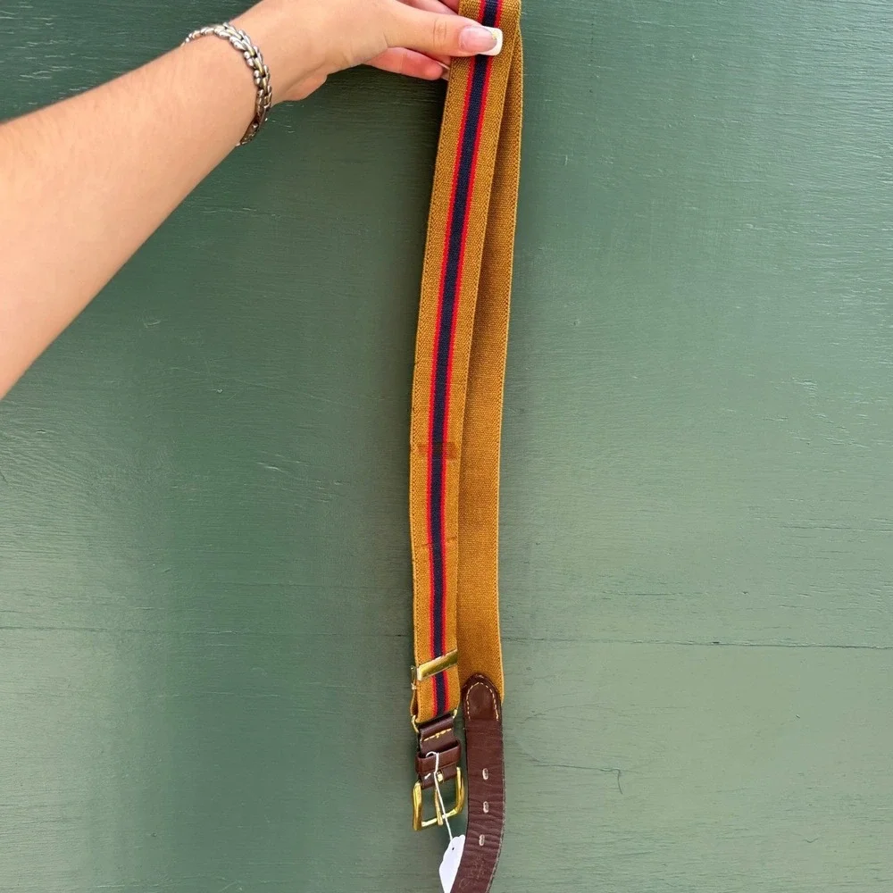 Vintage Mustard Yellow Striped Canvas Belt Leather Tabs Brass Buckle Ivy Preppy